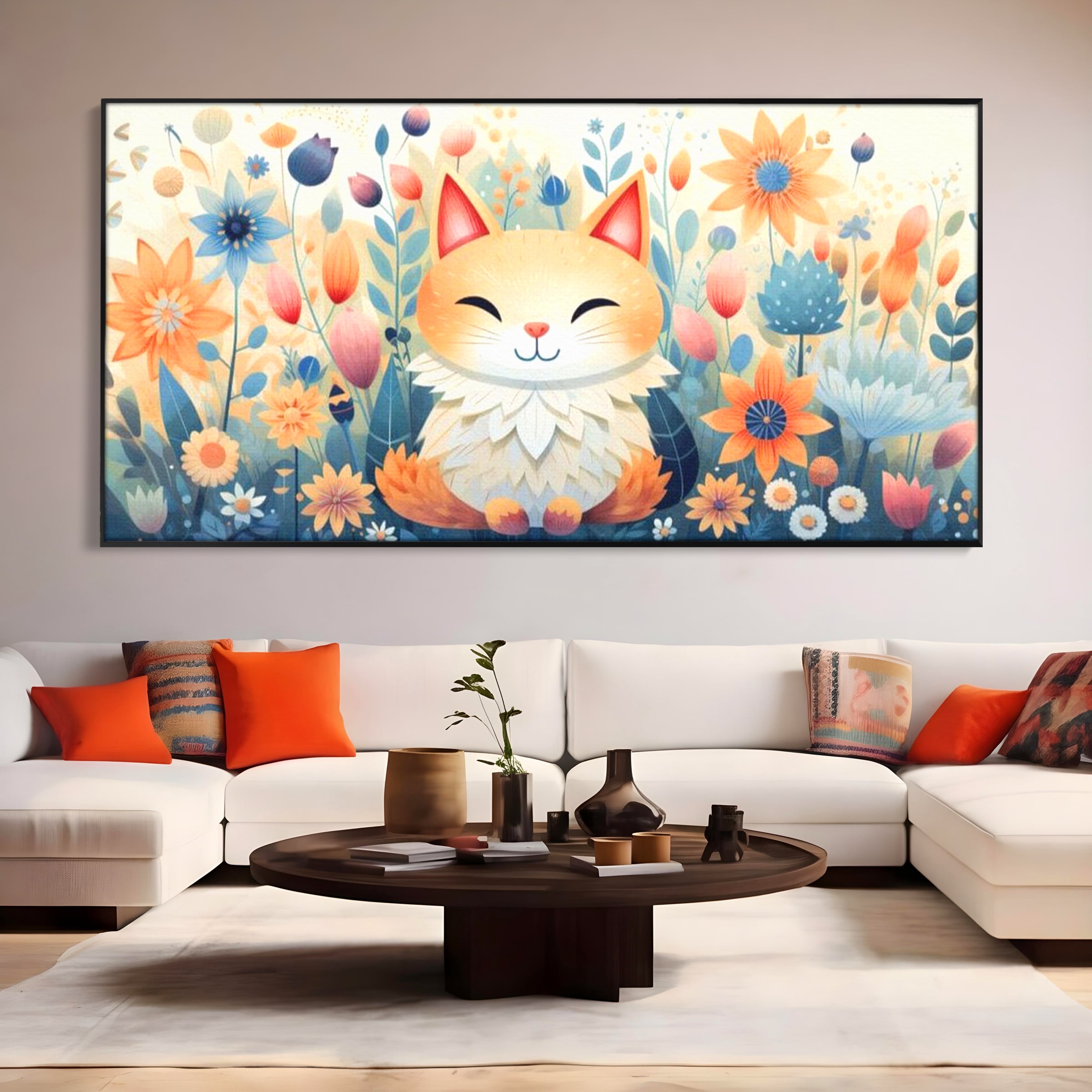 Tablou canvas cu tablou canvas cu pisicuta in gradina cu flori, in rama de aluminiu negru, pe perete intr-un living